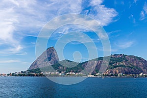 Beautiful panoramic view of the Sugar Loaf mountain in Rio de Janeiro, Brazil, on a beautiful and relaxing sunny day with blue sky