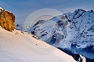 Beautiful panoramic view to the Sellaronda - the largest ski carousel in Europe - skiing the four most famous passes in the photo