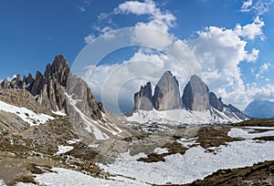 Beautiful panoramic view of Tre Cime and Paterno mountains. Dolomites, Italy