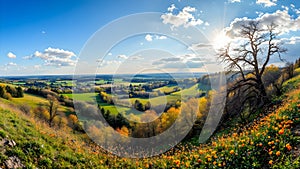 Beautiful panoramic view of the valley and meadow in the spring