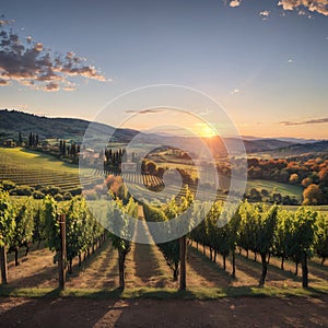 Beautiful panoramic view of vineyards under the sunset light in autumn. Chianti Classico Area near Florence, Italy.