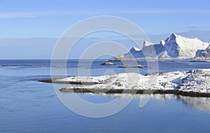 Beautiful panoramic view of winter mountains in Ramberg, Lofoten Islands, Norway