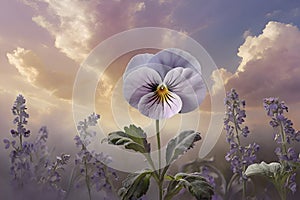 Beautiful pansies bloom in a surreal dreamlike artistic background. photo