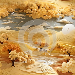 Beautiful paper art illustration of a naturalistic landscape (tiled