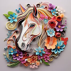 Beautiful papercut quilling paper filigree horse colorful flowers Generative AI