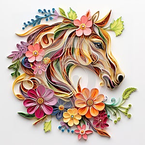 Beautiful papercut quilling paper filigree horse colorful flowers Generative AI