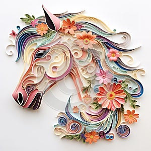 Beautiful papercut quilling paper filigree horse colorful flowers Generative AI