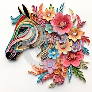 Beautiful papercut quilling paper filigree horse colorful flowers Generative AI