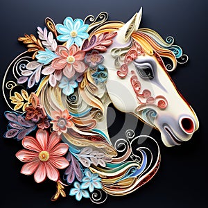 Beautiful papercut quilling paper filigree horse colorful flowers Generative AI