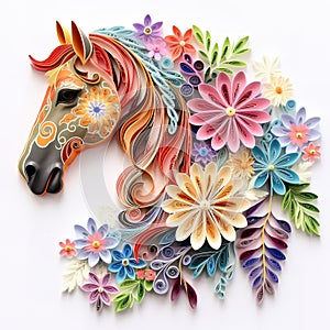 Beautiful papercut quilling paper filigree horse colorful flowers Generative AI