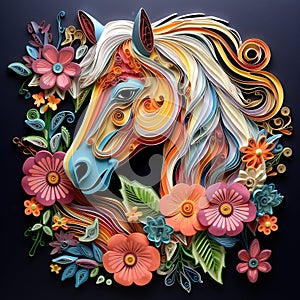 Beautiful papercut quilling paper filigree horse colorful flowers Generative AI