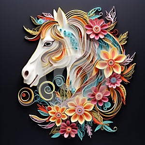 Beautiful papercut quilling paper filigree horse colorful flowers Generative AI