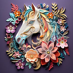 Beautiful papercut quilling paper filigree horse colorful flowers Generative AI