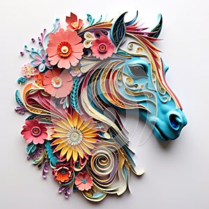 Beautiful papercut quilling paper filigree horse colorful flowers Generative AI