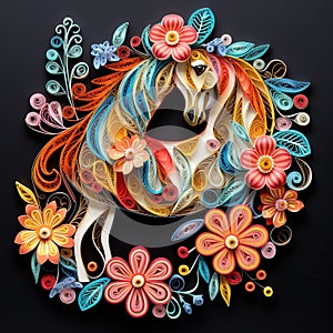 Beautiful papercut quilling paper filigree horse colorful flowers Generative AI