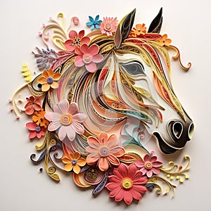 Beautiful papercut quilling paper filigree horse colorful flowers Generative AI