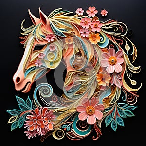 Beautiful papercut quilling paper filigree horse colorful flowers Generative AI