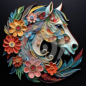 Beautiful papercut quilling paper filigree horse colorful flowers Generative AI