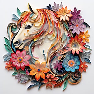 Beautiful papercut quilling paper filigree horse colorful flowers Generative AI