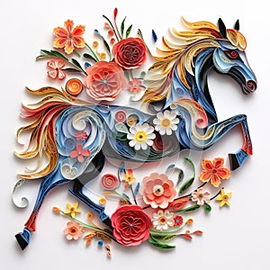 Beautiful papercut quilling paper filigree horse colorful flowers Generative AI