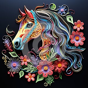 Beautiful papercut quilling paper filigree horse colorful flowers Generative AI