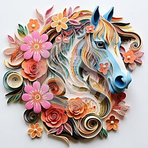 Beautiful papercut quilling paper filigree horse colorful flowers Generative AI