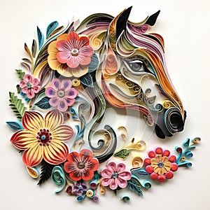 Beautiful papercut quilling paper filigree horse colorful flowers Generative AI