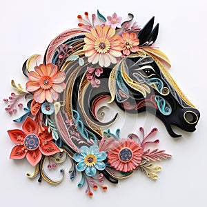 Beautiful papercut quilling paper filigree horse colorful flowers Generative AI