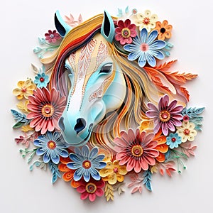 Beautiful papercut quilling paper filigree horse colorful flowers Generative AI