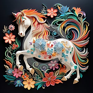 Beautiful papercut quilling paper filigree horse colorful flowers Generative AI