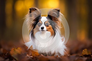 Beautiful Papillon dog outdoors against autumn forest background.