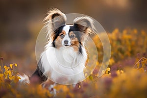 Beautiful Papillon dog outdoors against autumn forest background.