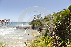 Beautiful paradise beach with coconut trees, clear water, rock formations and people bathing in the sea on a beautiful blue sky