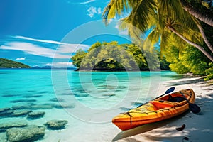 Beautiful paradise beach and sea with kayak boat. Holiday vacation concept