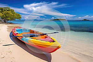 Beautiful paradise beach and sea with kayak boat. Holiday vacation concept