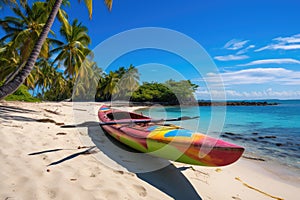 Beautiful paradise beach and sea with kayak boat. Holiday vacation concept