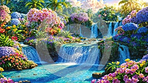 A beautiful paradise land full of flowers, rivers and waterfalls, a blooming and magical idyllic Eden garden