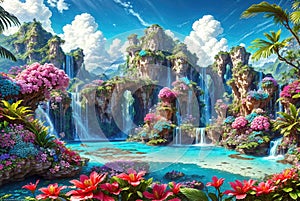 A beautiful paradise land full of flowers, rivers and waterfalls, a blooming and magical idyllic Eden garden