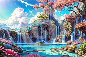 A beautiful paradise land full of flowers, rivers and waterfalls, a blooming and magical idyllic Eden garden