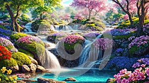 A beautiful paradise land full of flowers, rivers and waterfalls, a blooming and magical idyllic Eden garden