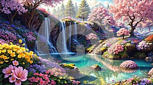 A beautiful paradise land full of flowers, rivers and waterfalls, a blooming and magical idyllic Eden garden