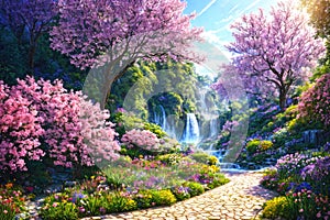 A beautiful paradise land full of flowers, sakura trees, rivers and waterfalls, a blooming and magical idyllic Eden garden