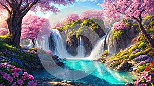 A beautiful paradise land full of flowers, sakura trees, rivers and waterfalls, a blooming and magical idyllic Eden garden