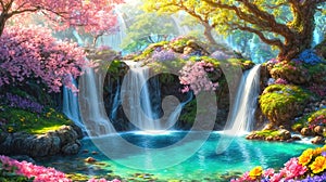 A beautiful paradise land full of flowers, sakura trees, rivers and waterfalls, a blooming and magical idyllic Eden garden