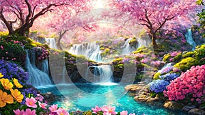 A beautiful paradise land full of flowers, sakura trees, rivers and waterfalls, a blooming and magical idyllic Eden garden