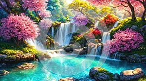 A beautiful paradise land full of flowers, sakura trees, rivers and waterfalls, a blooming and magical idyllic Eden garden