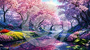 A beautiful paradise land full of flowers, sakura trees, rivers and waterfalls, a blooming and magical idyllic Eden garden