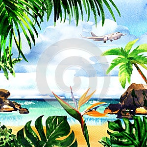 Beautiful paradise tropical island with sandy beach, palm trees, rocks, flying airplane on sky, summer time, vacation