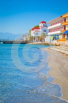 Beautiful Paralia Katerini beach and church, Greece