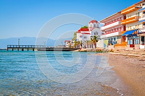 Beautiful Paralia Katerini beach and church, Greece